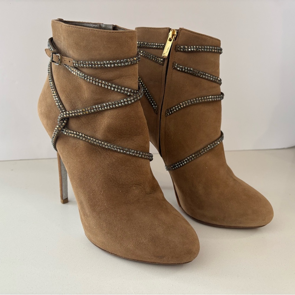 Rene Caovilla Jeweled Cleo Crystals Suede Ankle Boots Size 40 (10) Tan